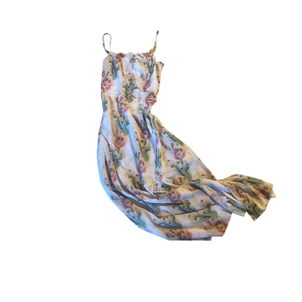 Floral Tulip Print Maxi Dress Ruffle Sweetheart Neckline Smocked Back Cream